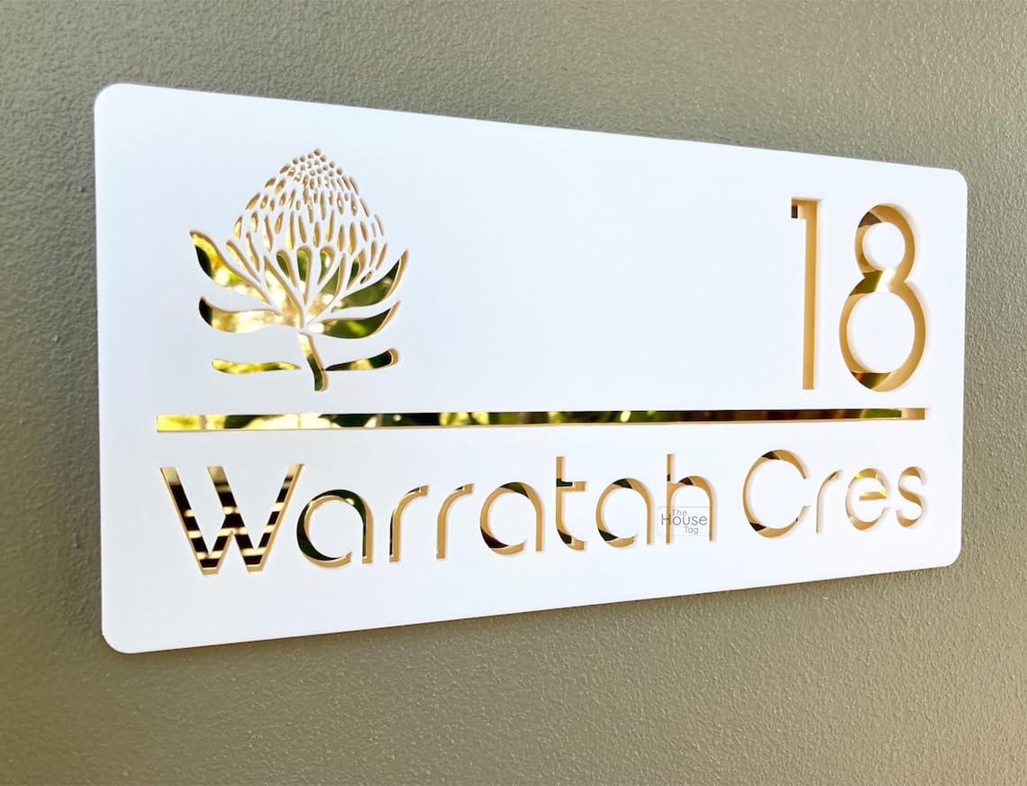 Laser Cut White Plaque & Golden Mirror House Sign Door Number Plate