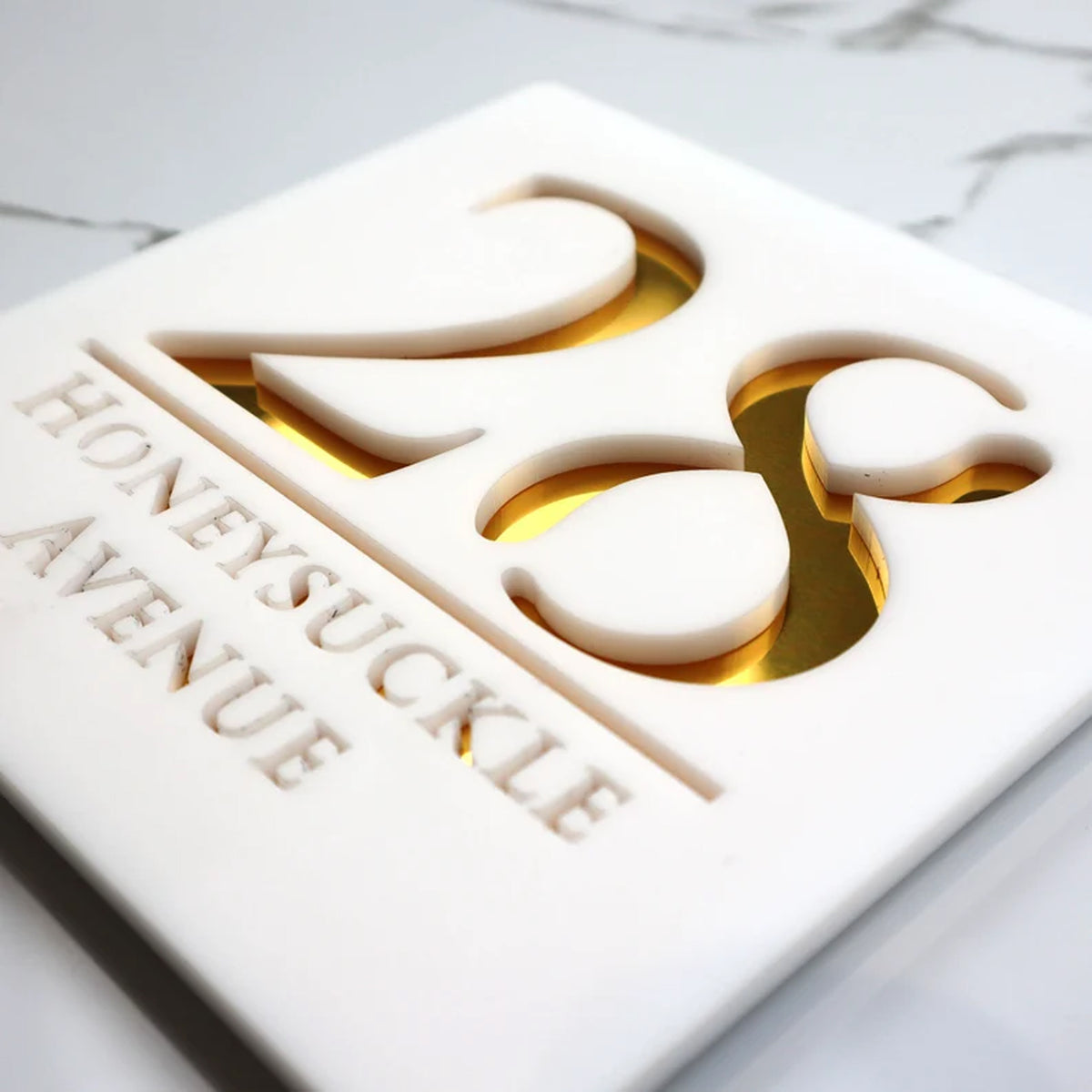 Laser Cut Matt White & Golden Mirror Floating House Sign Door Numbers Plaque
