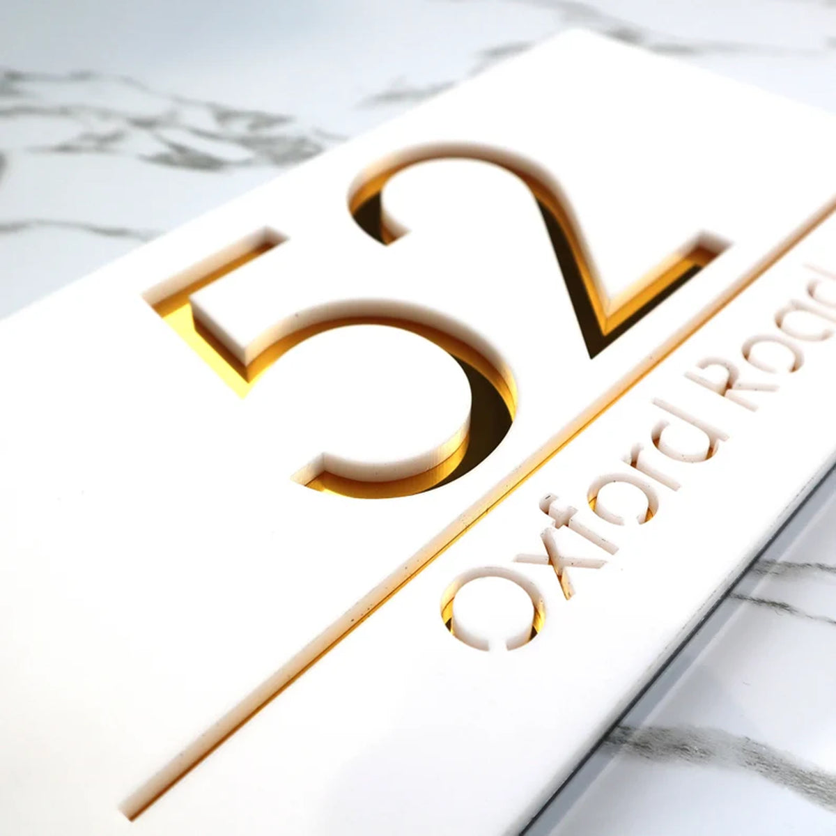 Laser Cut Matt White & Golden Mirror Floating House Sign Door Numbers Plaque