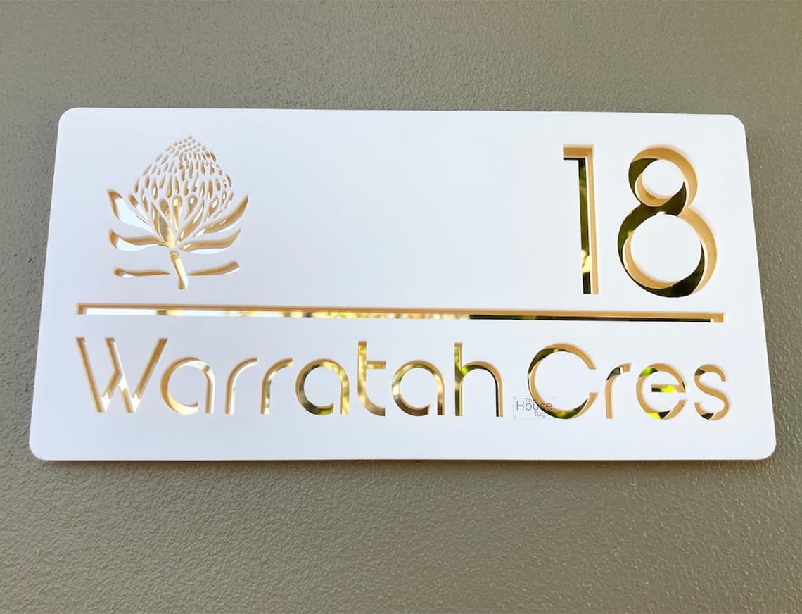Laser Cut White Plaque & Golden Mirror House Sign Door Number Plate