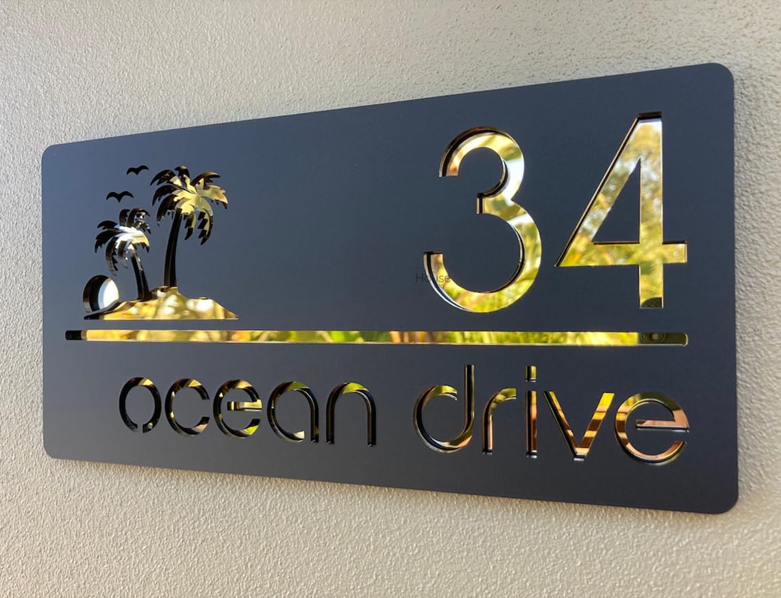 Laser Cut Matt Dark Gray Plaque & Golden Mirror House Sign Door Number Plate