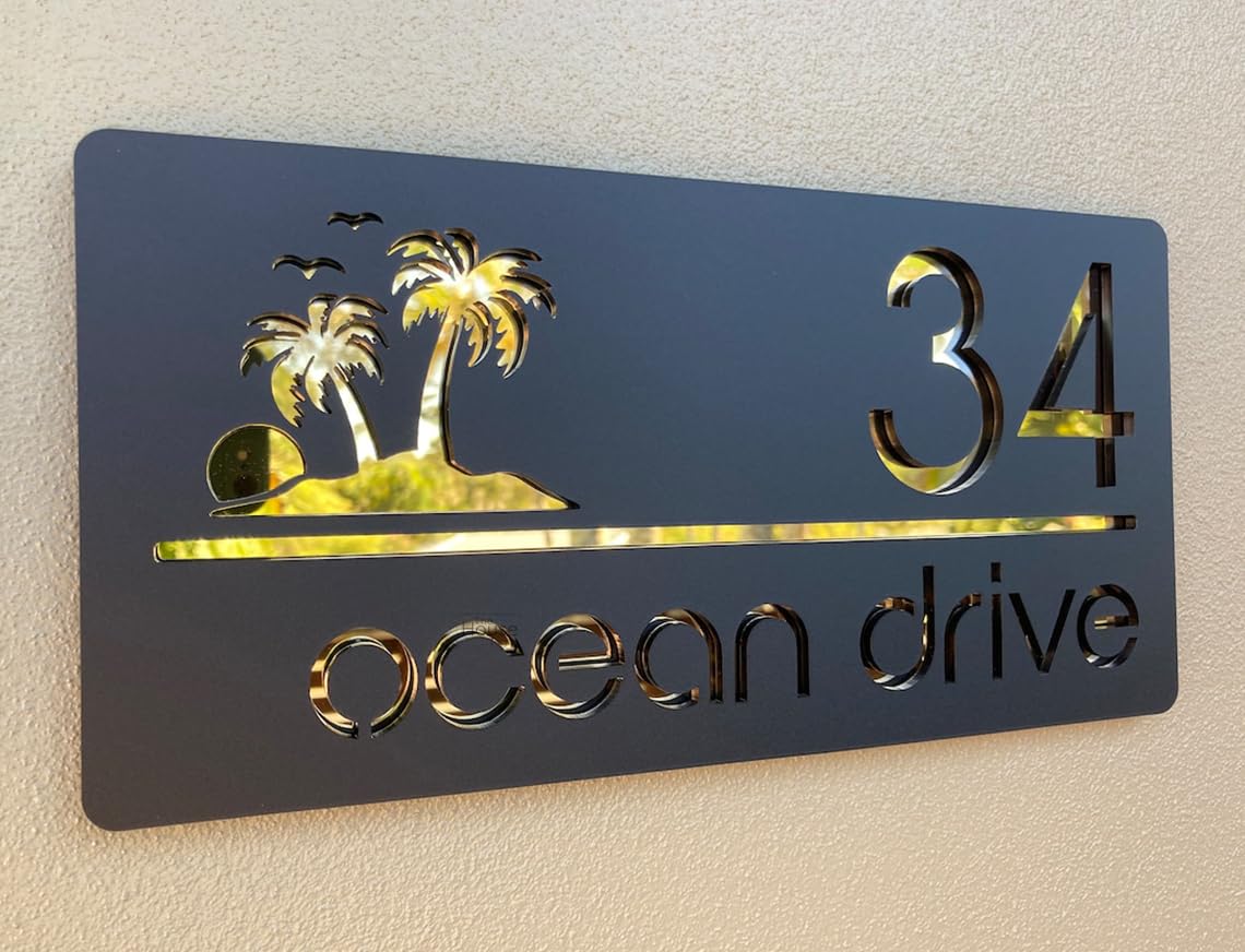 Laser Cut Matt Dark Gray Plaque & Golden Mirror House Sign Door Number Plate