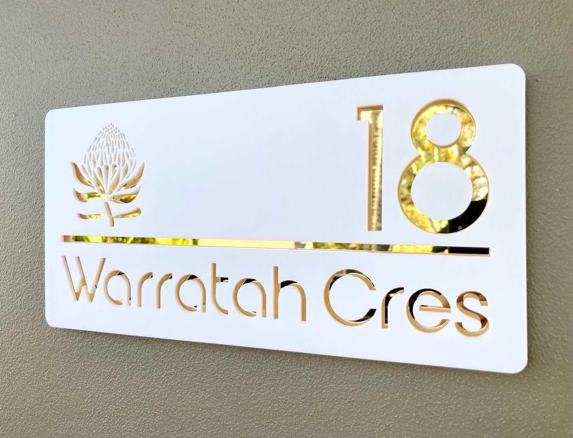 Laser Cut White Plaque & Golden Mirror House Sign Door Number Plate