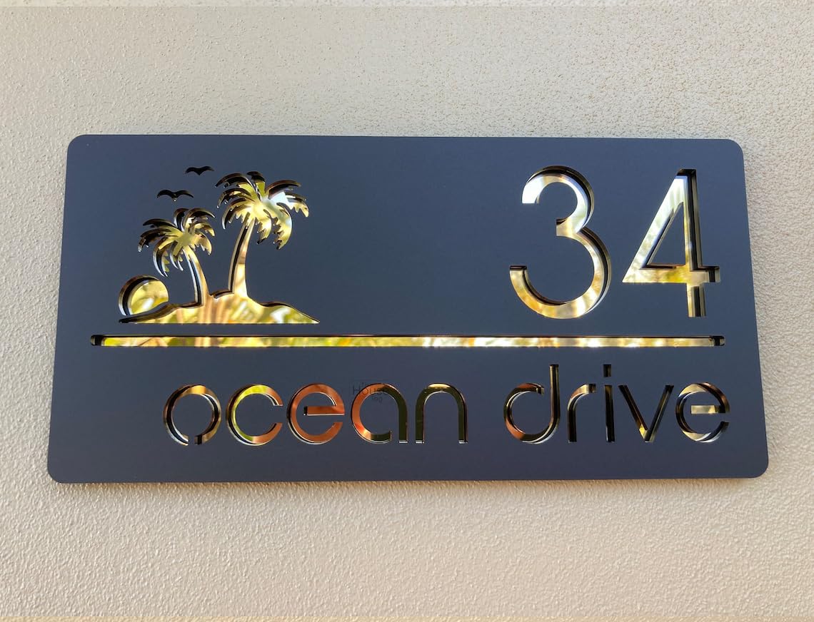 Laser Cut Matt Dark Gray Plaque & Golden Mirror House Sign Door Number Plate