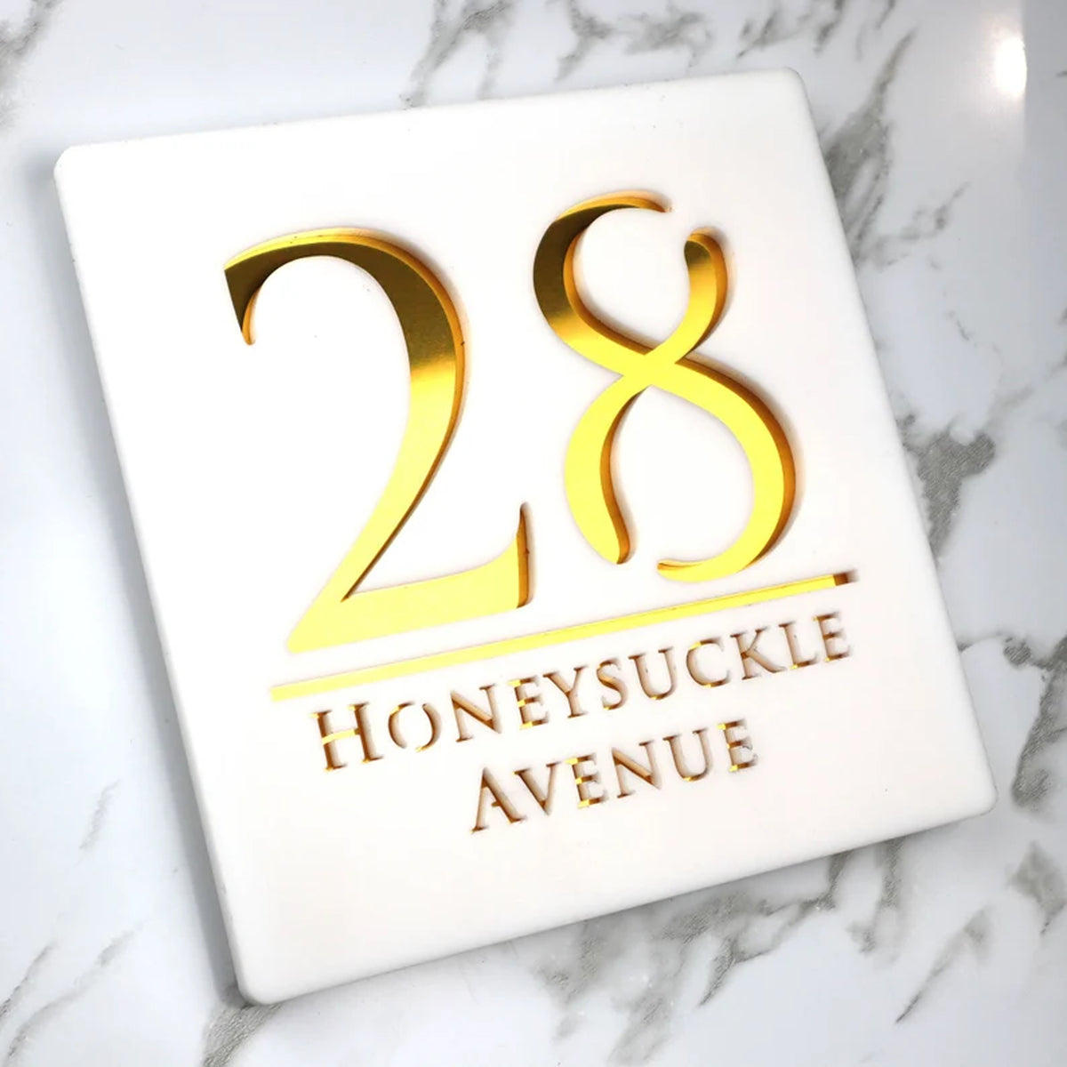 Laser Cut Matt White & Golden Mirror Floating House Sign Door Numbers Plaque