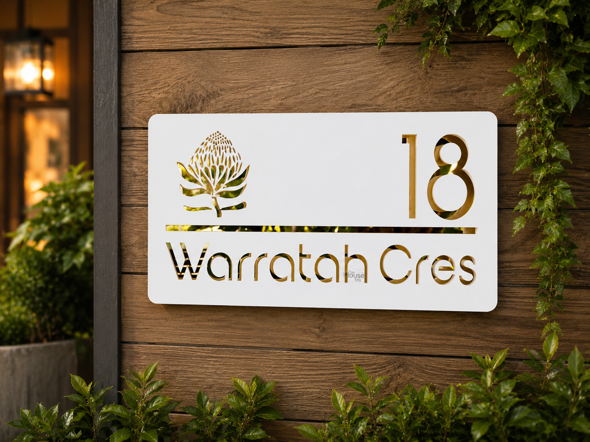 Laser Cut White Plaque & Golden Mirror House Sign Door Number Plate