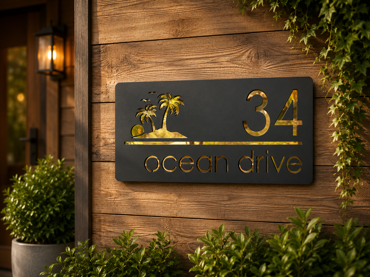 Laser Cut Matt Dark Gray Plaque & Golden Mirror House Sign Door Number Plate
