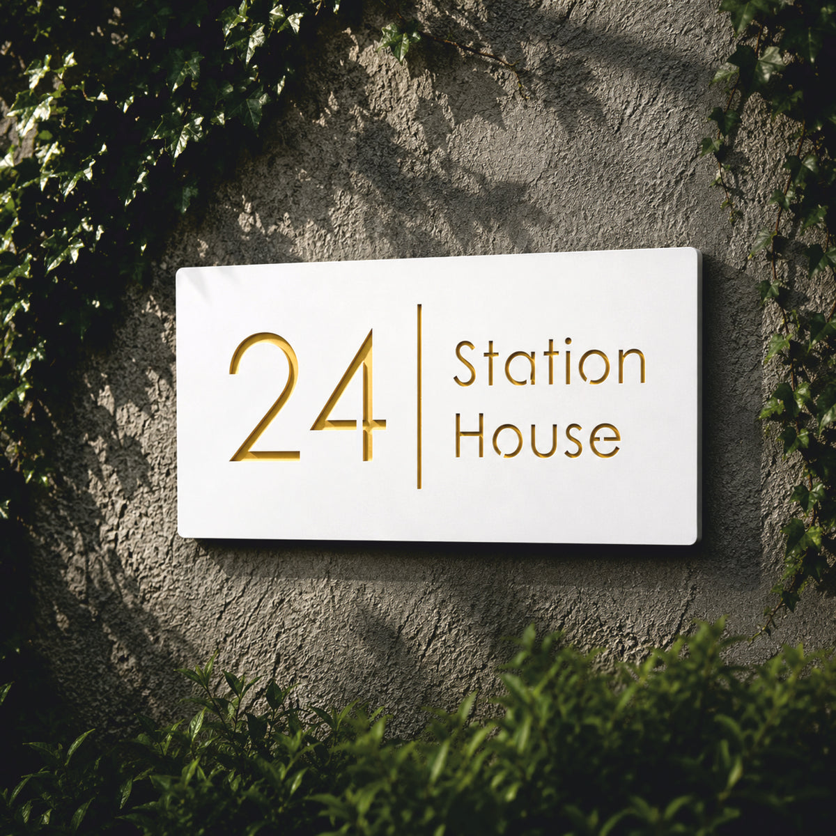 Laser Cut Matt White & Golden Mirror Floating House Sign Door Numbers Plaque