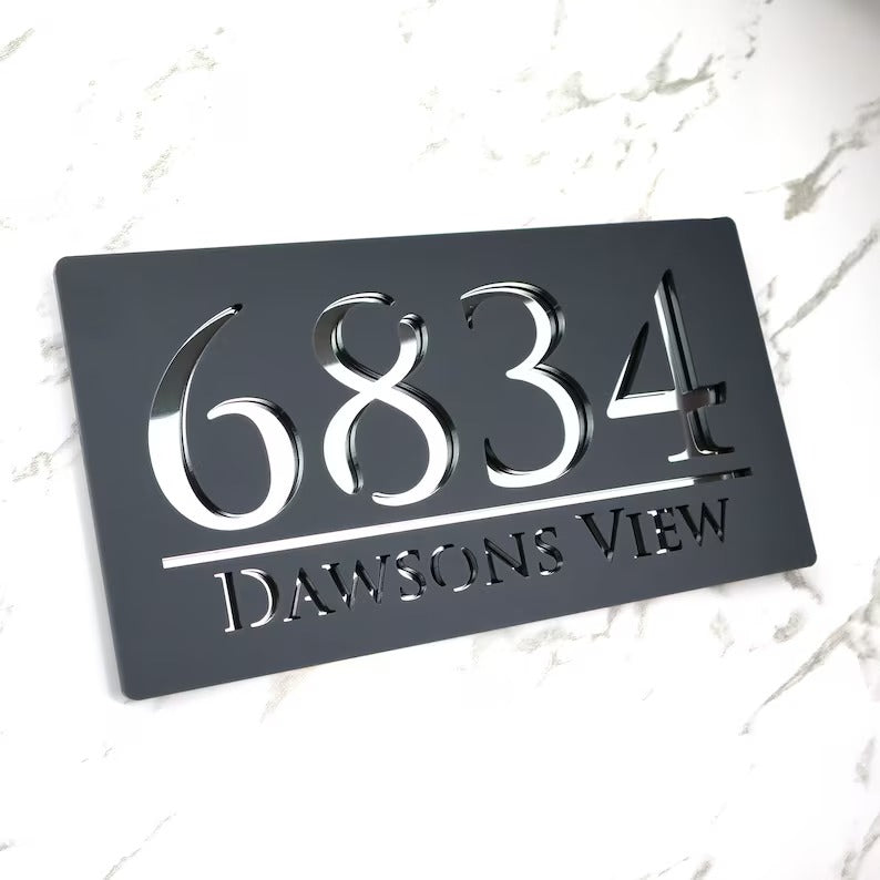 Laser Cut Matt Gray Plaque & Silver Mirror Floating House Sign Door Number Plaques
