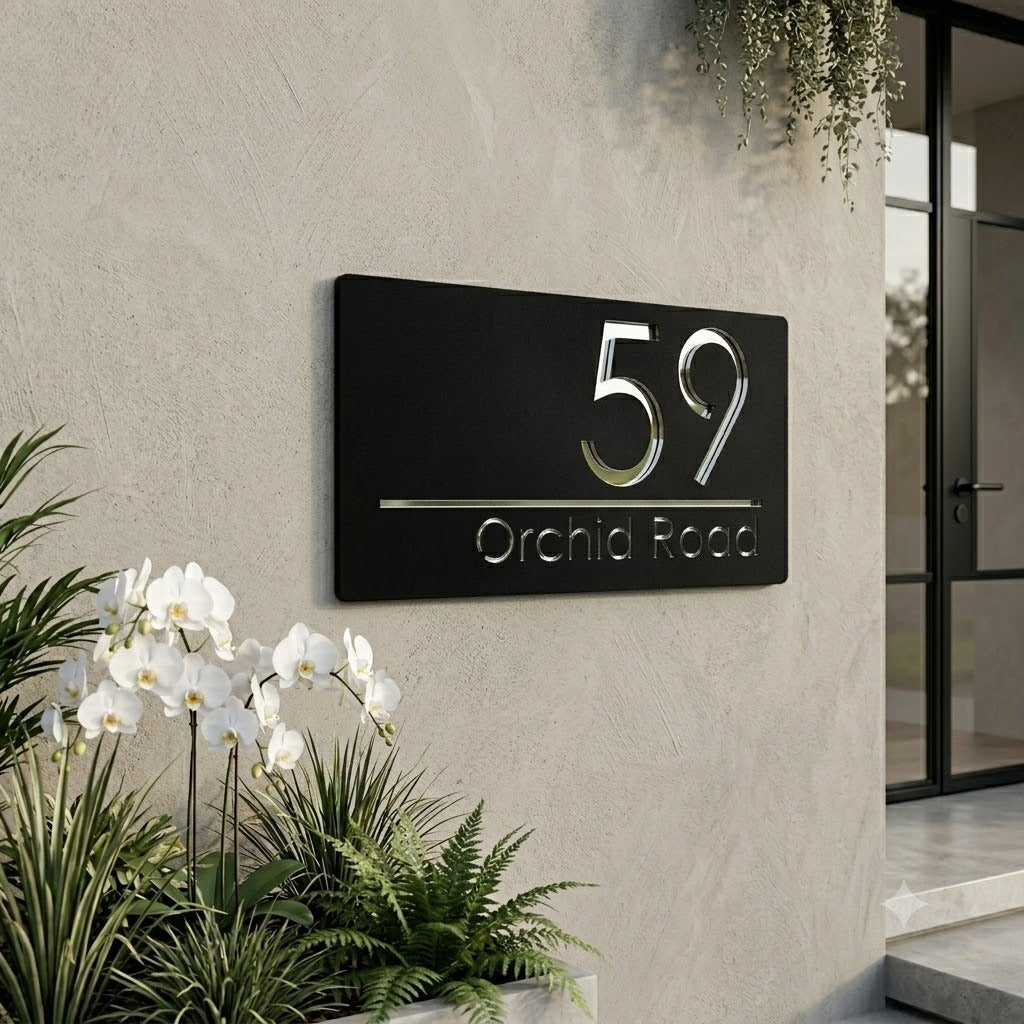Laser Cut Matt Gray Plaque & Silver Mirror Floating House Sign Door Number Plaques
