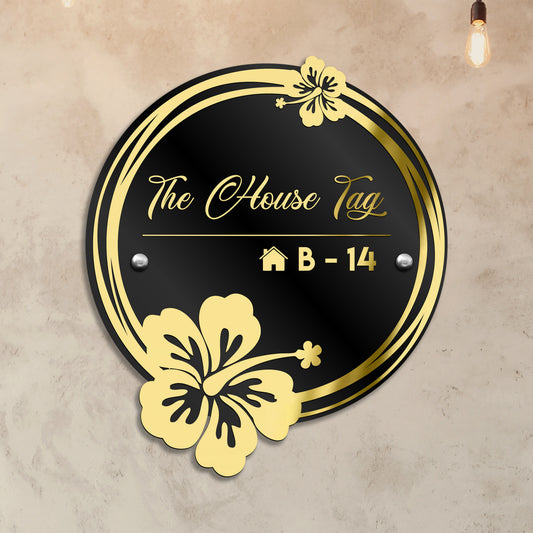 Luxury Mat Black Acrylic Designer Name Plates with Mirror Gold Floral Rings for Home Entrance Outdoor Waterproof Body