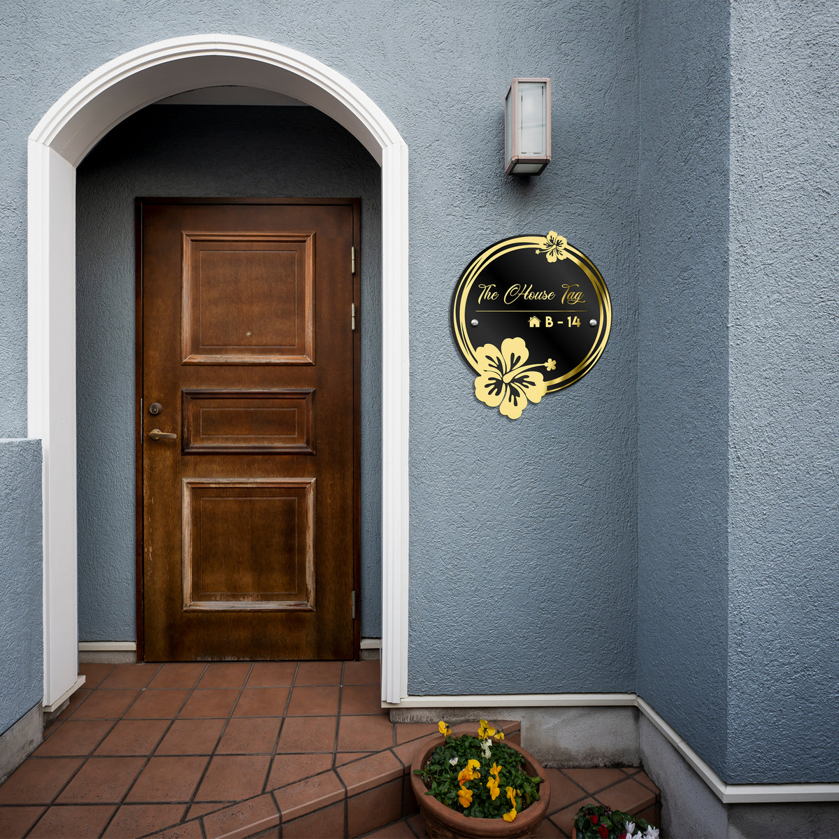Luxury Mat Black Acrylic Designer Name Plates with Mirror Gold Floral Rings for Home Entrance Outdoor Waterproof Body