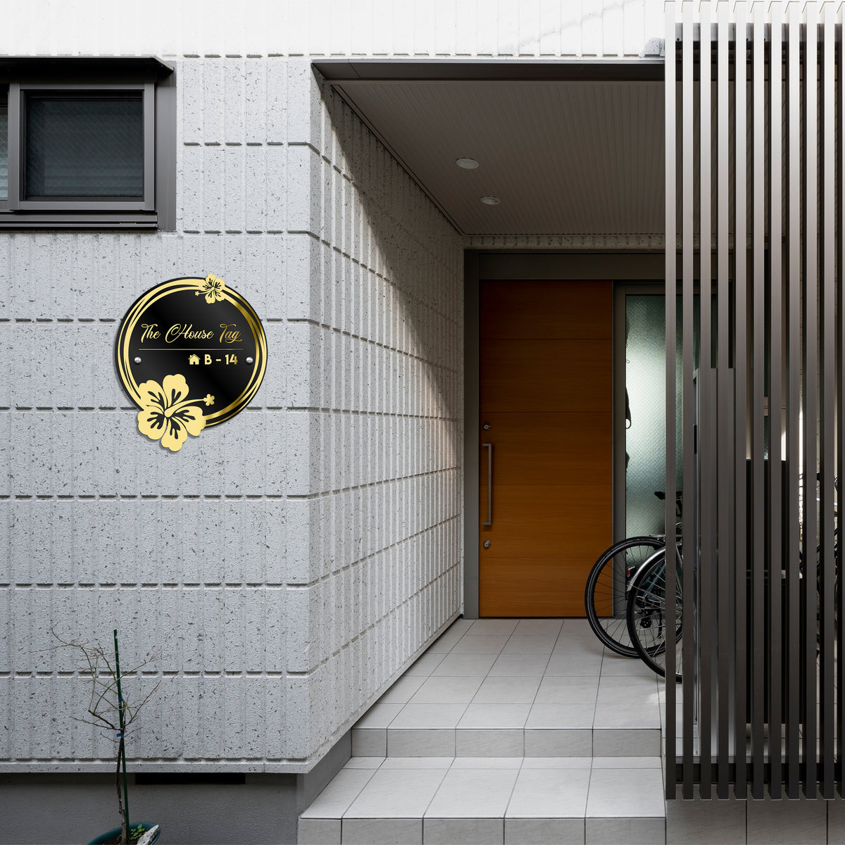Luxury Mat Black Acrylic Designer Name Plates with Mirror Gold Floral Rings for Home Entrance Outdoor Waterproof Body