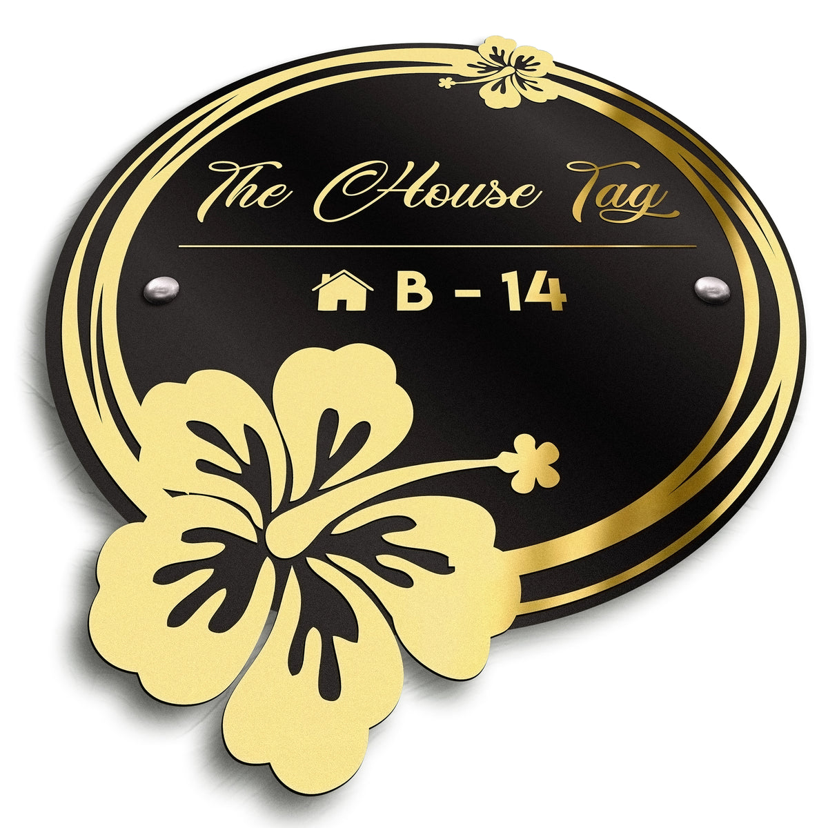 Luxury Mat Black Acrylic Designer Name Plates with Mirror Gold Floral Rings for Home Entrance Outdoor Waterproof Body