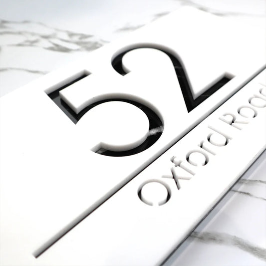 Modern House Number Sign, Contemporary Street Name Plaque, white and black laser engraved