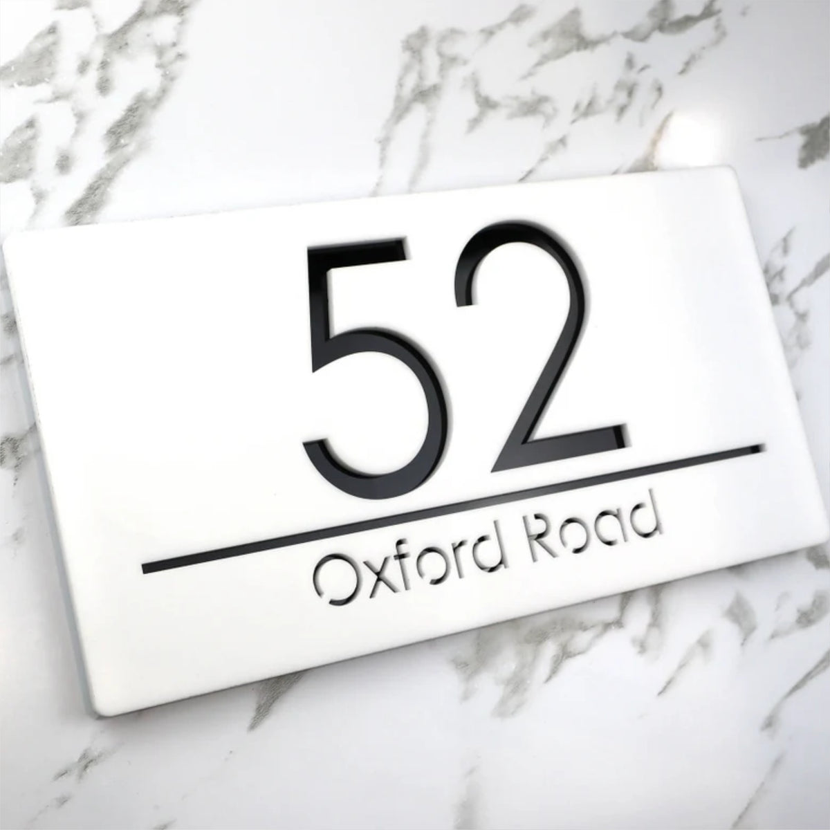 Modern House Number Sign, Contemporary Street Name Plaque, white and black laser engraved